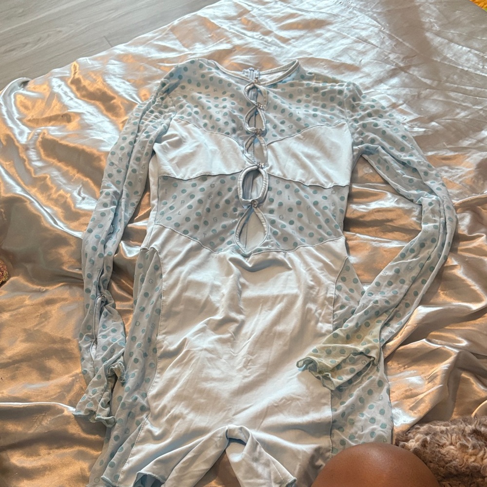 Light Blue Polka Dot Long Sleeve Romper